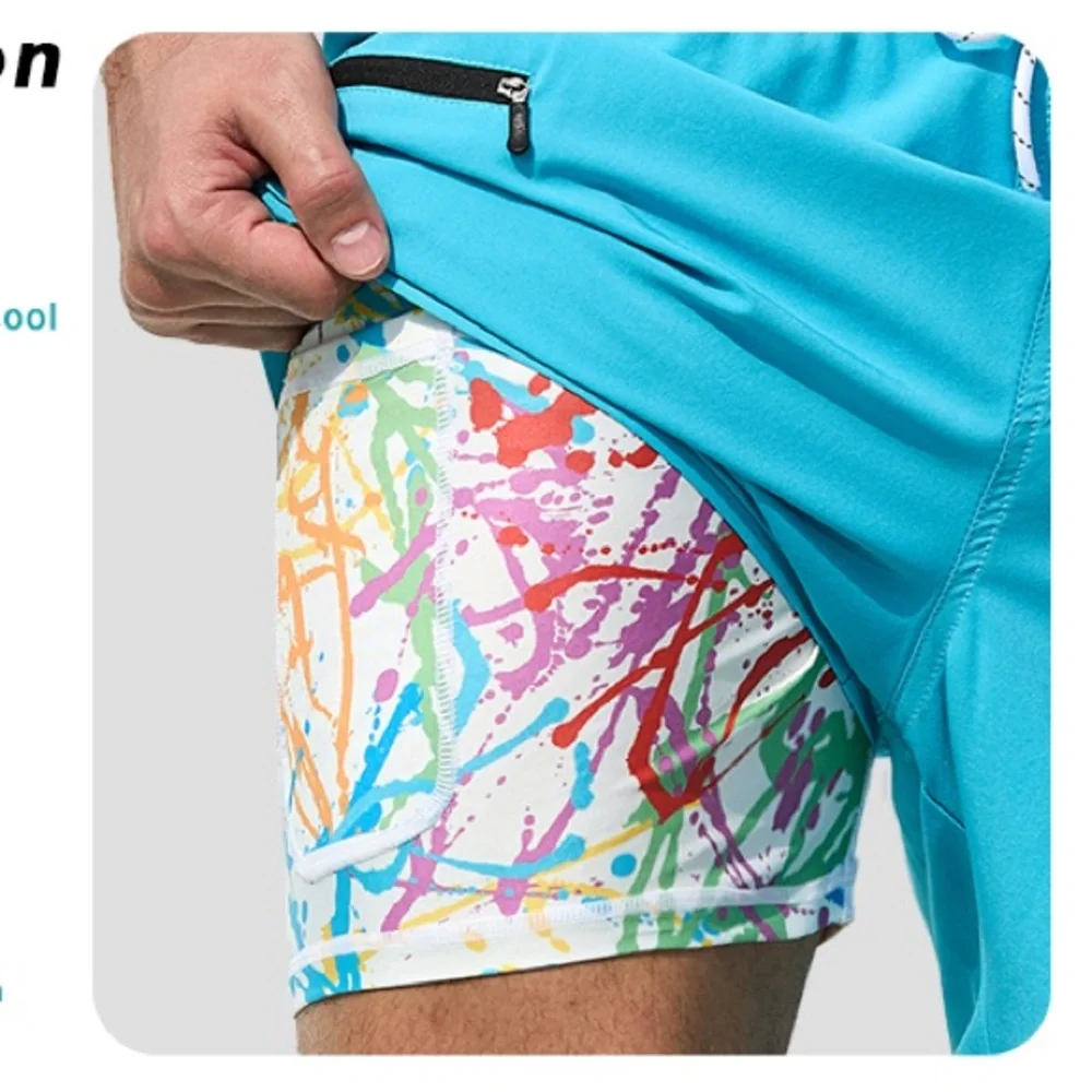 Mens Swim Trunks Quick-Dry Printed Compression Liner Zipper Pockets